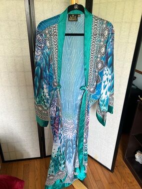 Teal & Turquoise Printed Silk Robe